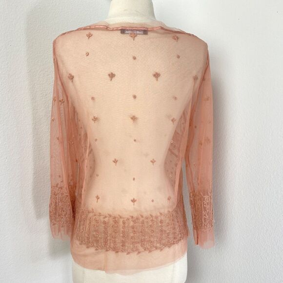 Betty Barclay Pink Sheer Blouse Large Mesh Embroidery Long Sleeves Whimsy Fairy - Picture 7 of 9